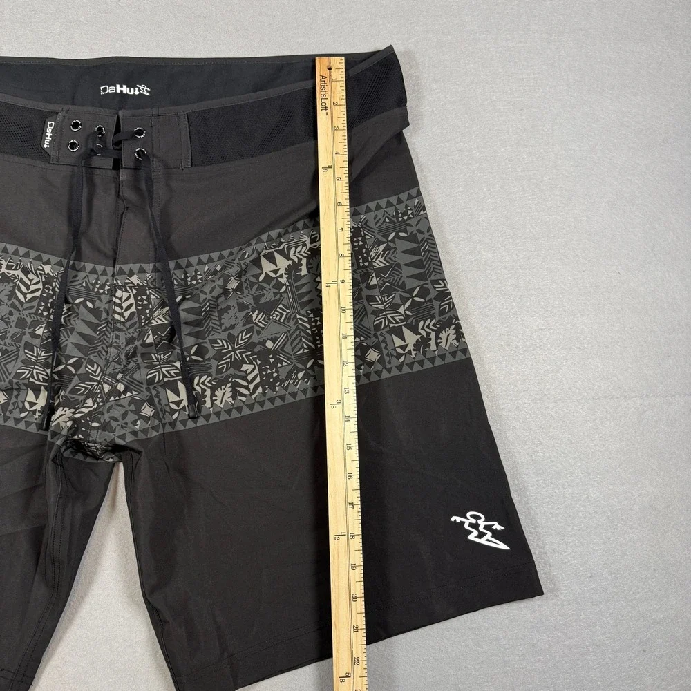 Da Hui Boardshorts Mens 38 Black Tribal Print Surf Swim Trunks Hawaii Surf Beach
